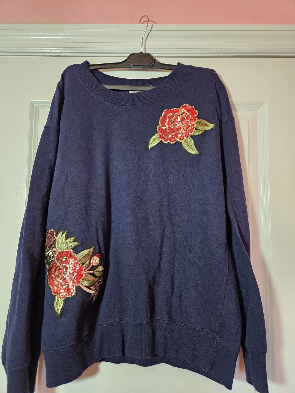 Ultra Flirt Navy Sweatshirt with Red Rose Appliqués